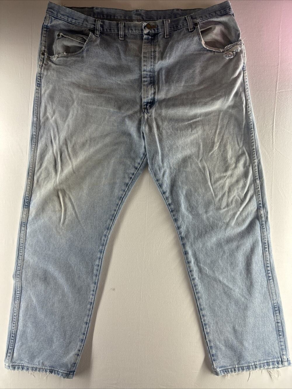 46x32 Vintage Heavily Distressed Wrangler Blue Jeans Men’s Been Worked In A Lot!